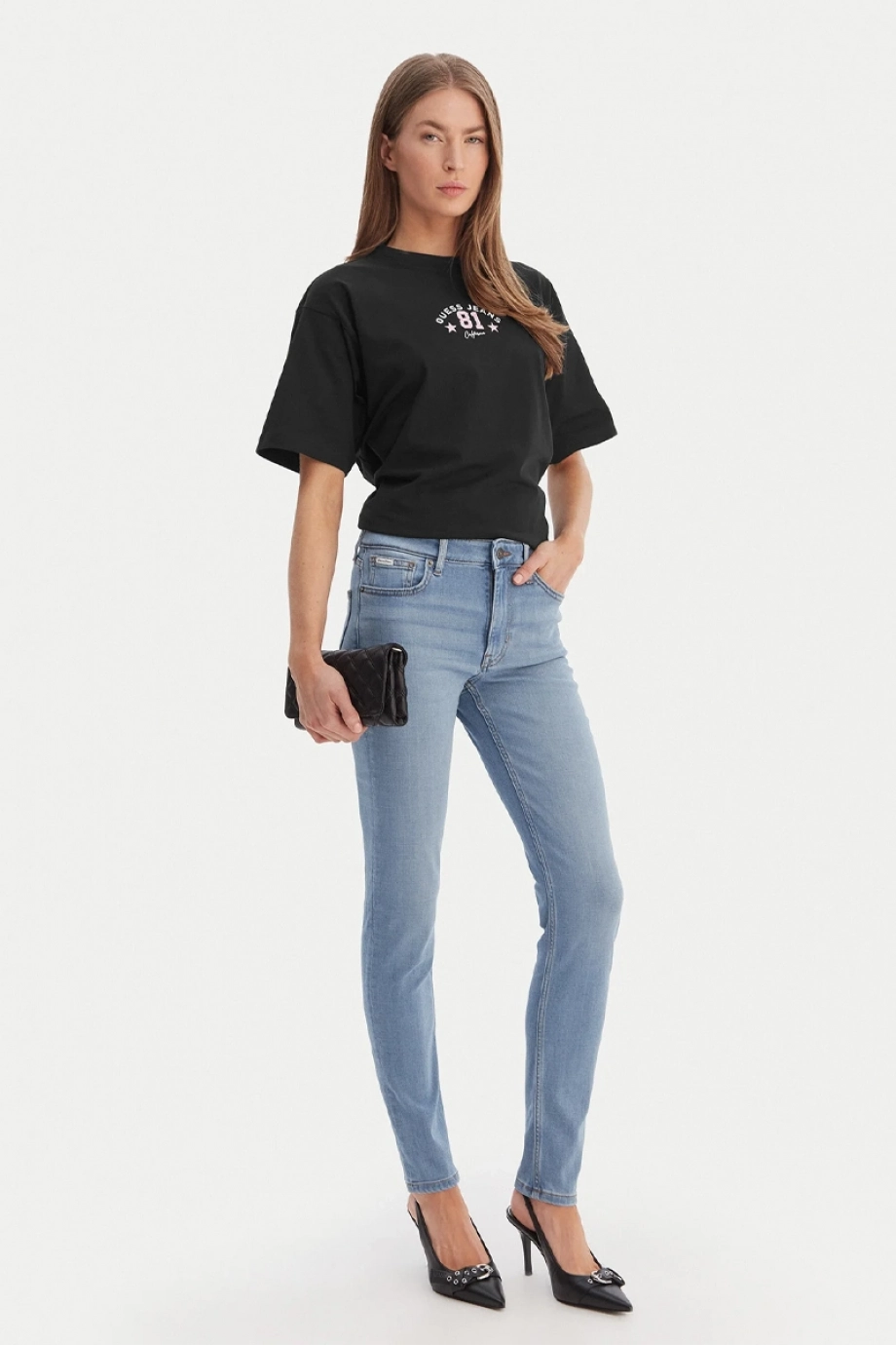 Guess GJ Kısa Kollu Bisiklet Yaka Büyük Beden 81 Yıldız Kadın Siyah T-shirt W6RI20K8HM0-JBLK