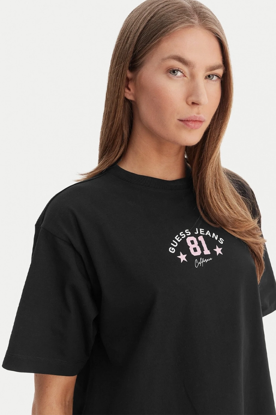 Guess GJ Kısa Kollu Bisiklet Yaka Büyük Beden 81 Yıldız Kadın Siyah T-shirt W6RI20K8HM0-JBLK