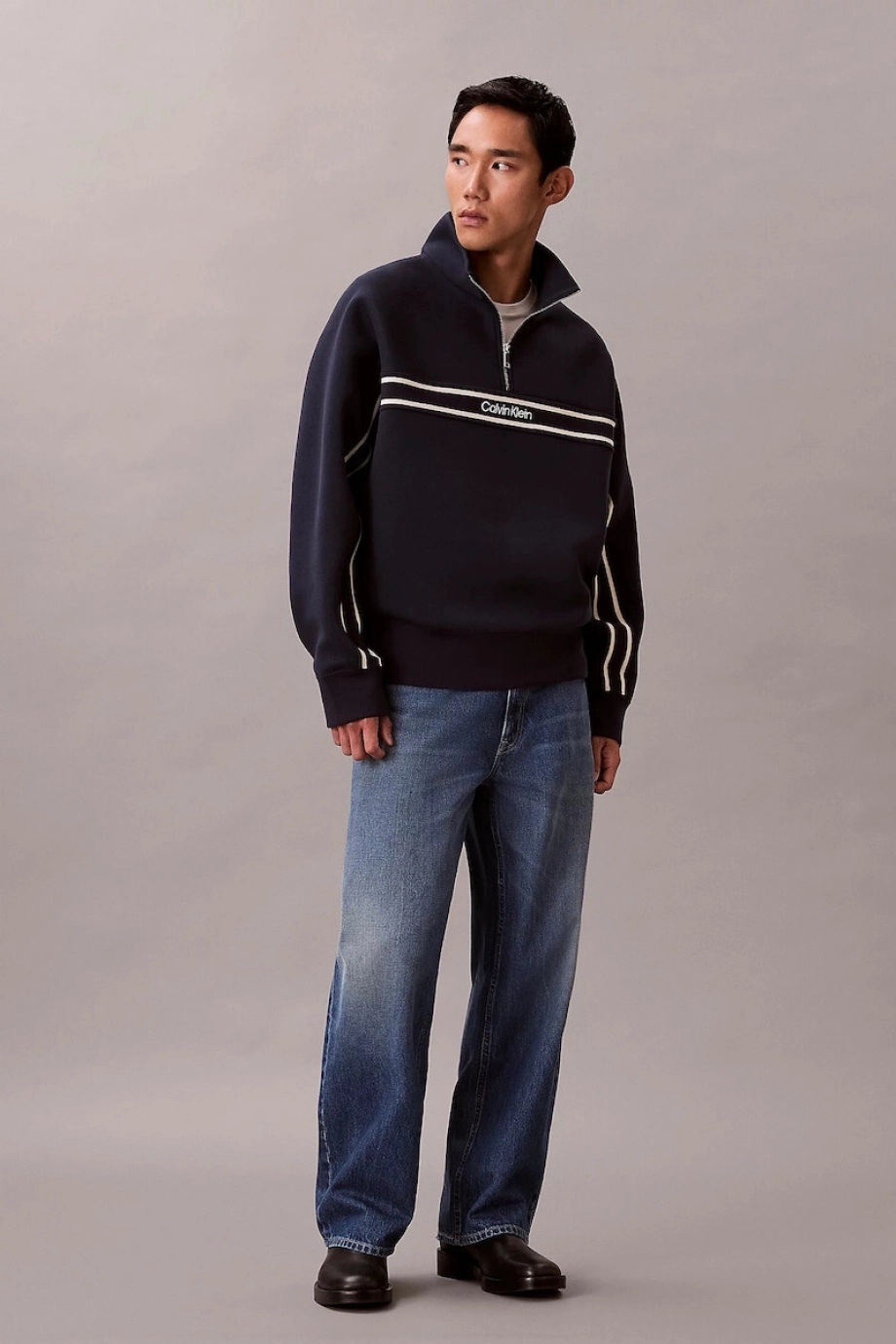 Calvin Klein Uzun Kollu Pamuklu Spacer Çizgili Fitilli Yarım Fermuarlı Erkek Lacivert Sweatshirt LV04RE221G-CEF