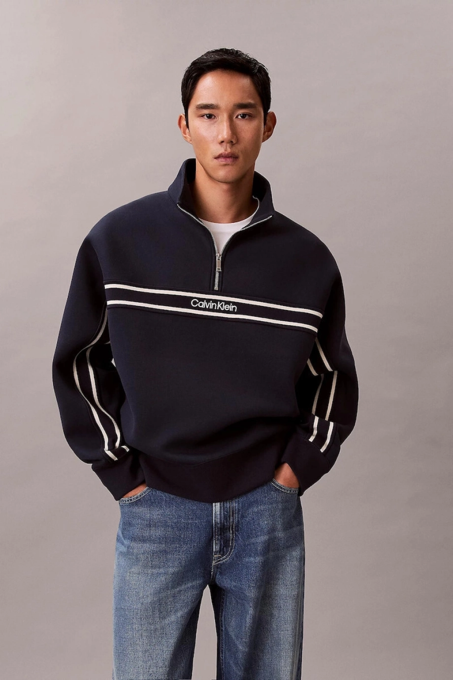 Calvin Klein Uzun Kollu Pamuklu Spacer Çizgili Fitilli Yarım Fermuarlı Erkek Lacivert Sweatshirt LV04RE221G-CEF