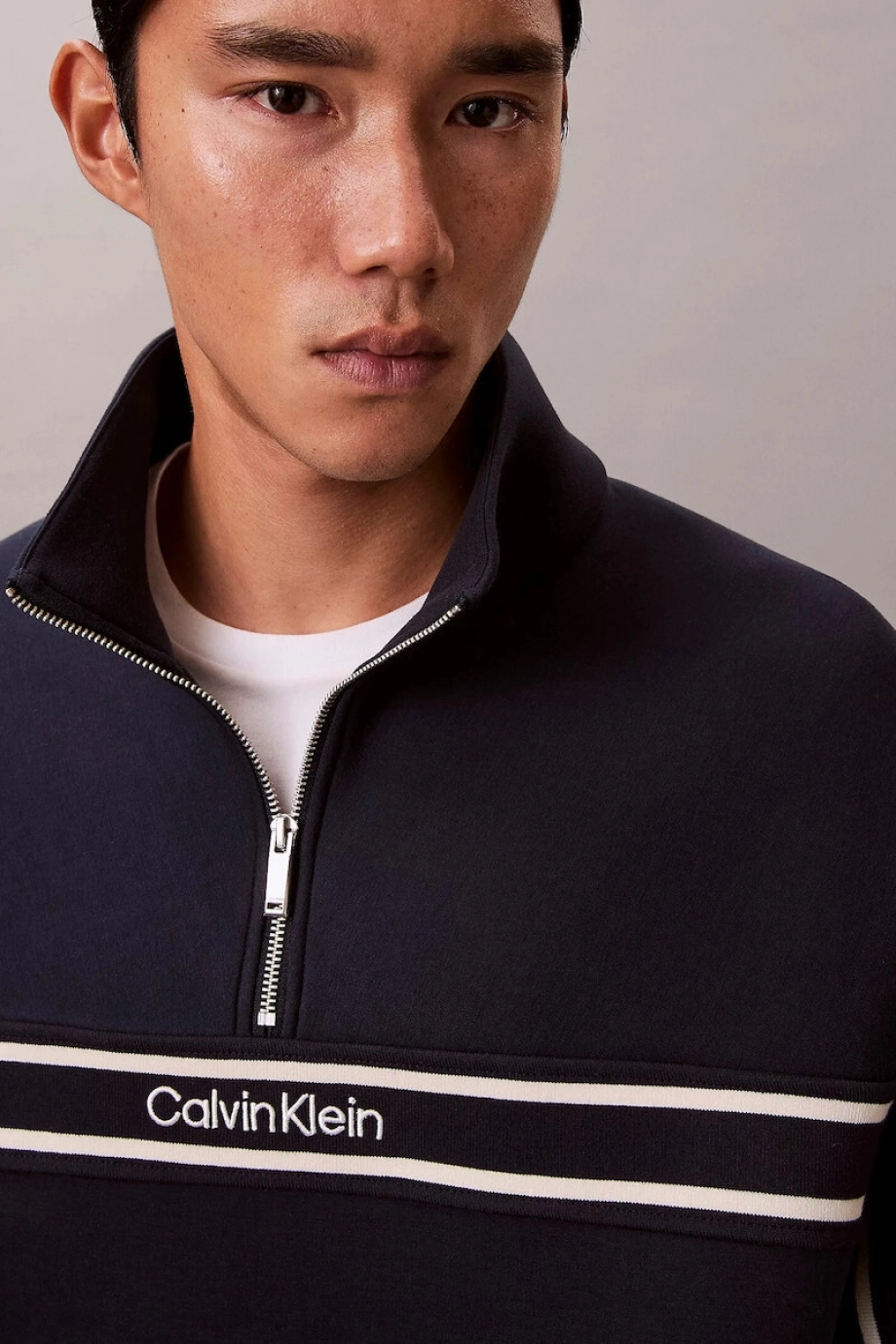 Calvin Klein Uzun Kollu Pamuklu Spacer Çizgili Fitilli Yarım Fermuarlı Erkek Lacivert Sweatshirt LV04RE221G-CEF