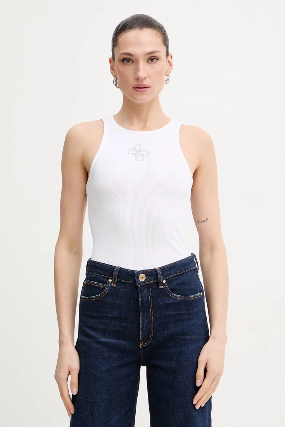 Guess Kolsuz Yuvarlak Yaka Guendalina Kadın Beyaz Atlet  W6RP39KD092-G011