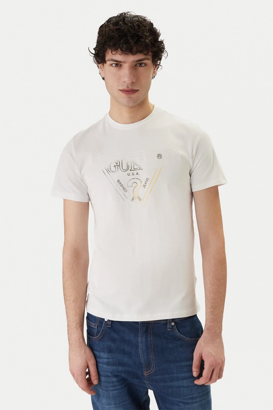 Guess Bisiklet Yaka Kısa Kollu Üçgen HD Çok Renkli Erkek Beyaz T-shirt M6GI11K2992-G011