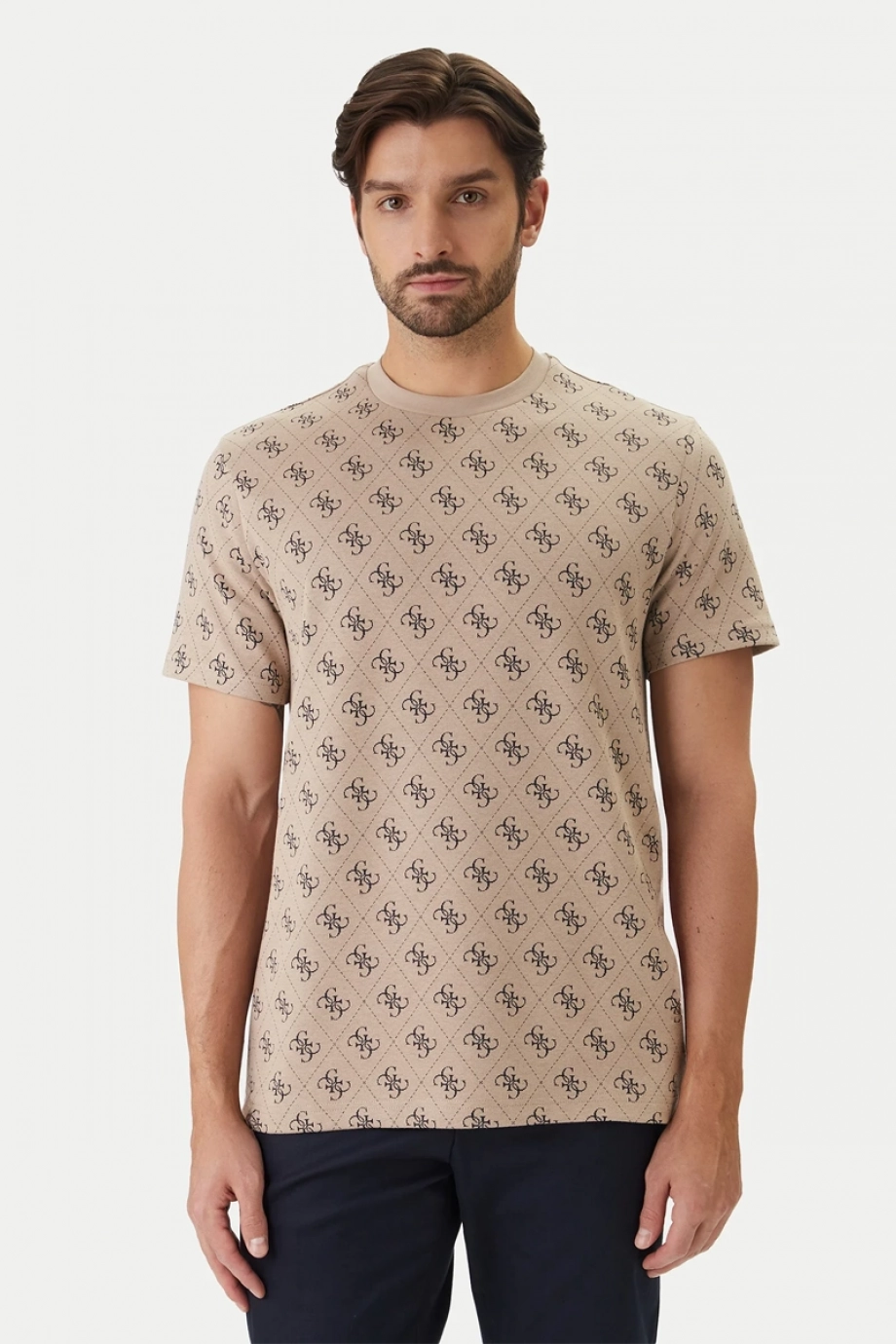 Guess Bisiklet Yaka Kısa Kollu Jakarlı 4G Örme Erkek Bej T-shirt  M6GP34K3200-FMAZ