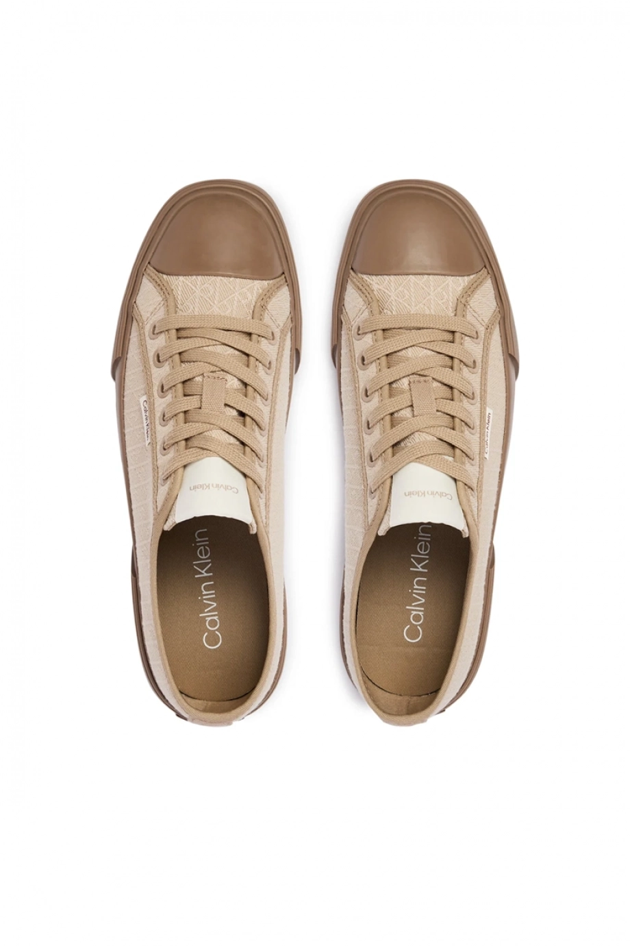Calvin Klein Vulkanize Düşük Bilekli Bağcıklı Tamamı Baskılı Kanvas Kadın Bej Sneaker HW0HW03142-A04