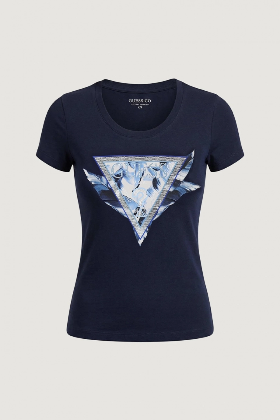 Guess Kısa Kollu Bisiklet Yaka Tüylü Üçgen Kadın Lacivert T-shirt W6GI11K3026-G7P1