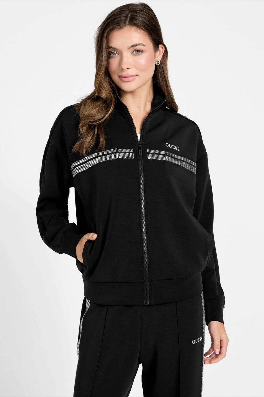 Guess Berthe Dik Yaka Tam Fermuarlı Kadın Siyah Sweatshirt V6RQ01KCAY2-JBLK