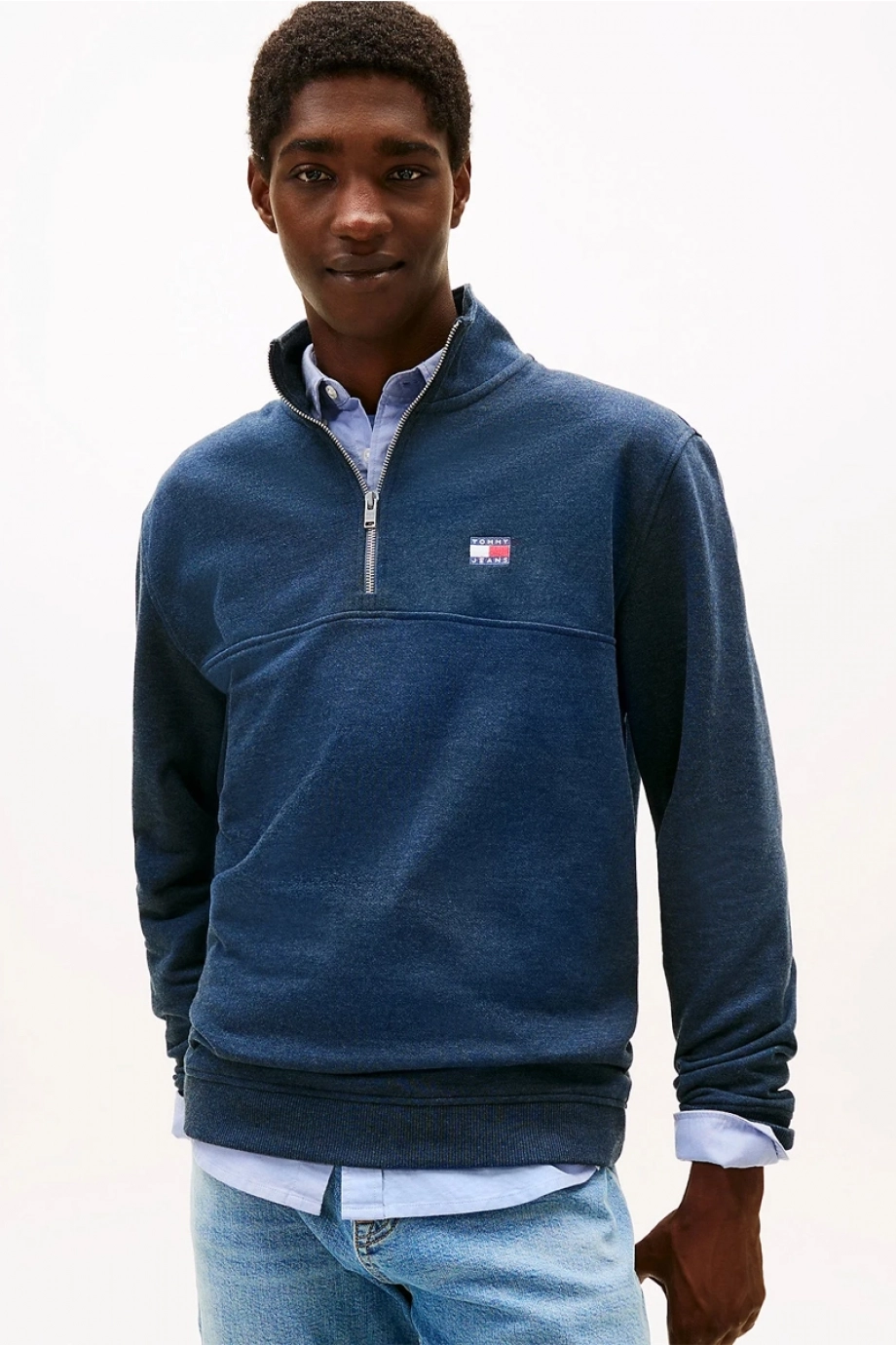 Tommy Hilfiger TJM Normal Kesim Amblemli Yarım Fermuarlı Erkek Mavi Sweatshirt DM0DM22344C1G