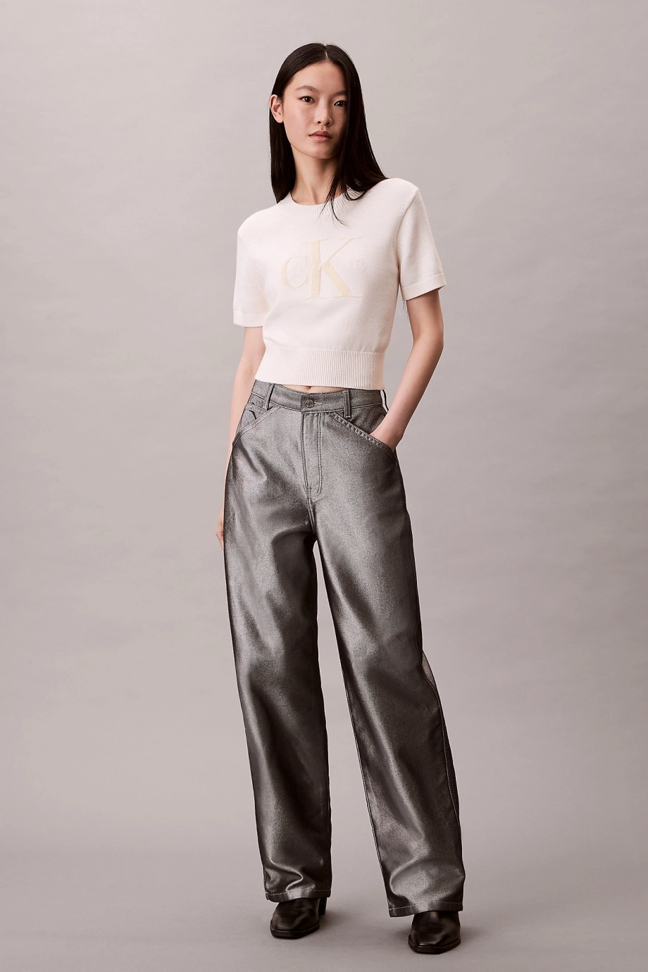 Calvin Klein Kalın Pamuklu Grafikli Süveter Kadın Beyaz Triko LV044E306G-YBH