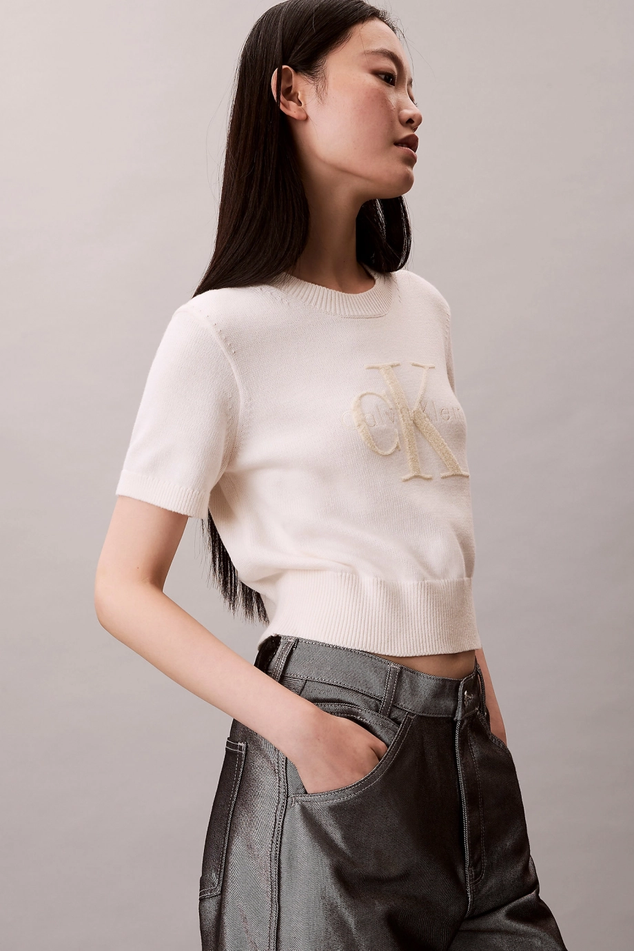 Calvin Klein Kalın Pamuklu Grafikli Süveter Kadın Beyaz Triko LV044E306G-YBH
