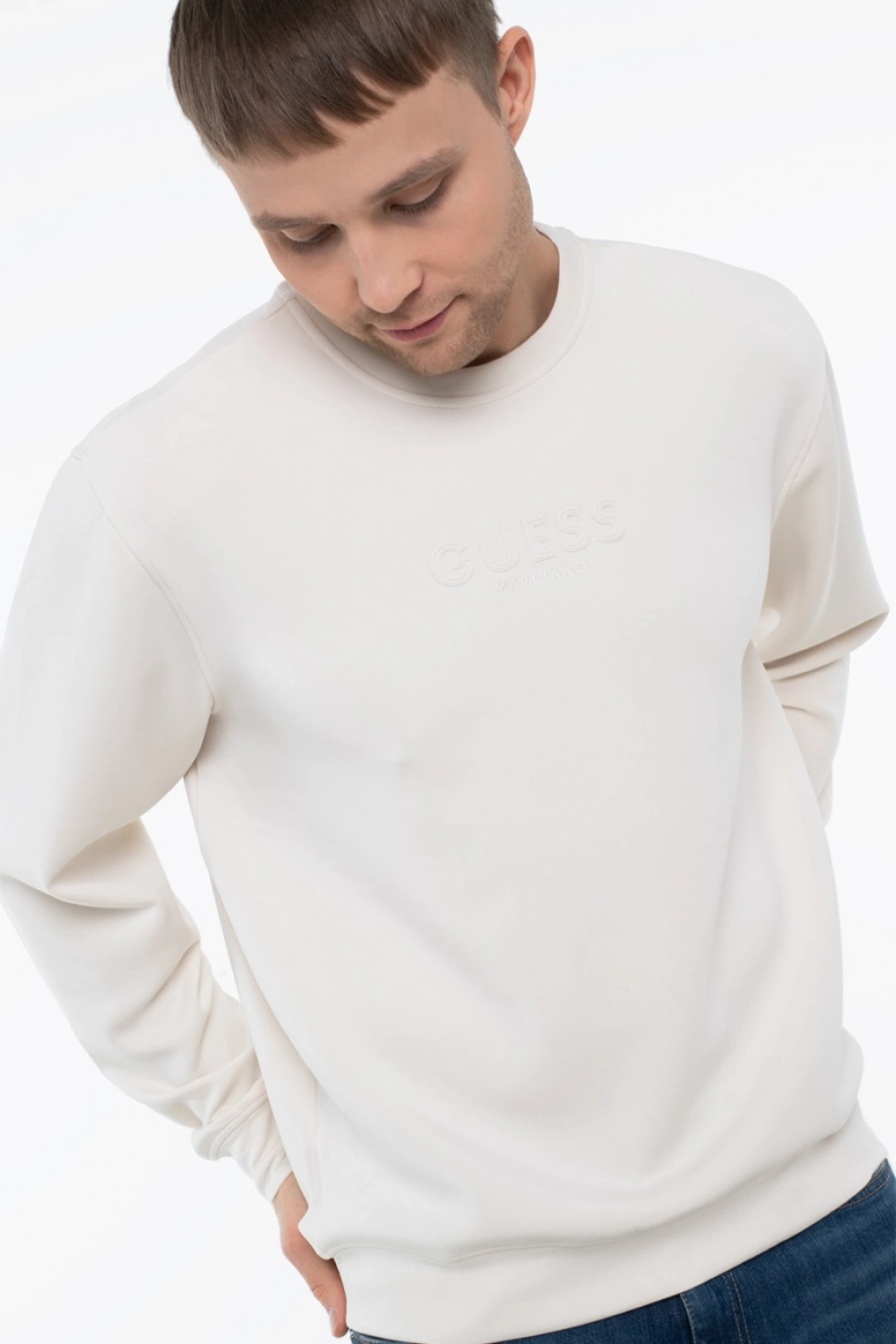 Guess Bisiklet Yaka Uzun Kollu Scuba Luxe Erkek Krem Sweatshirt M6RQ42KAYM2-G1CV