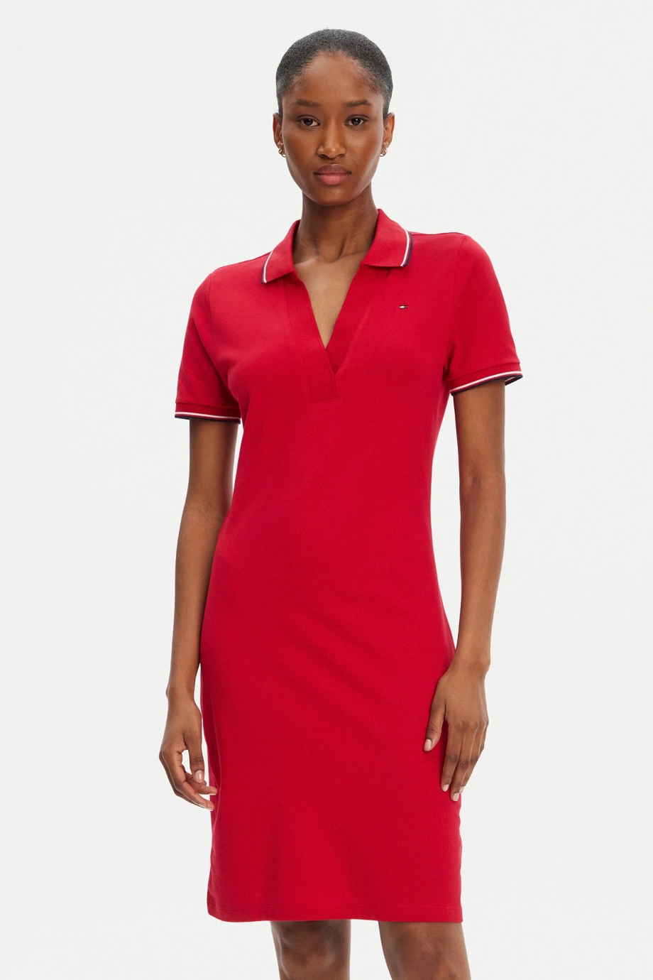 Tommy Hilfiger Kadın 1985 İkonik Şerit Detaylı Dar Kesim Polo Kırmızı Elbise WW0WW45740XLD
