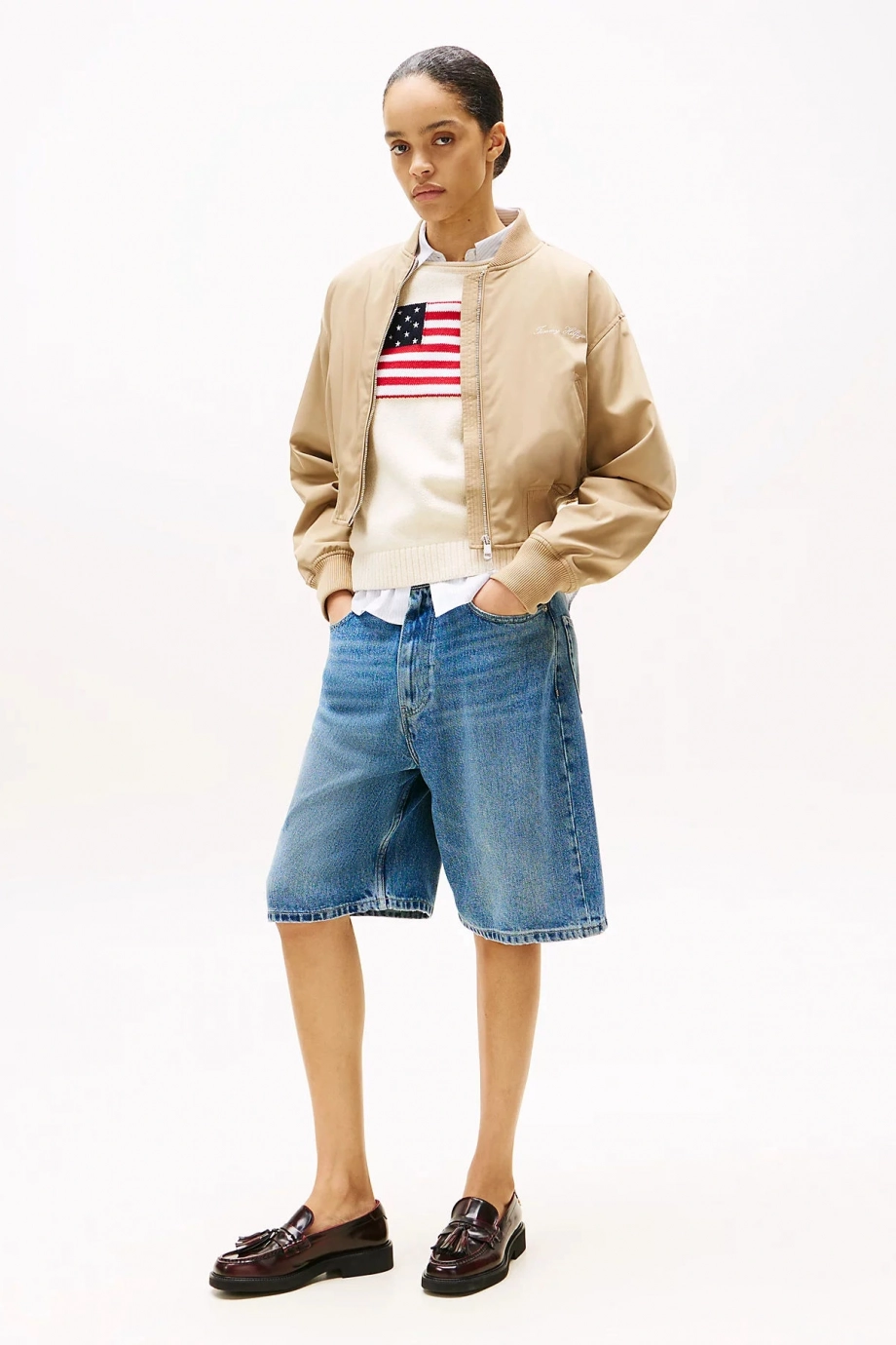 Tommy Hilfiger Kadın Naylon Normal Kesim Kısa Bej Bomber  Ceket WW0WW45634AEH