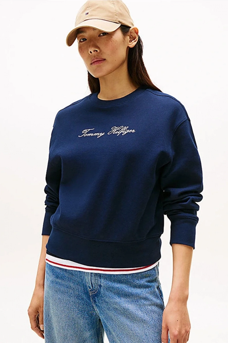 Tommy Hilfiger Kadın Simli Yazı Baskılı Normal Kesim Lacivert Sweatshirt WW0WW47159C1G