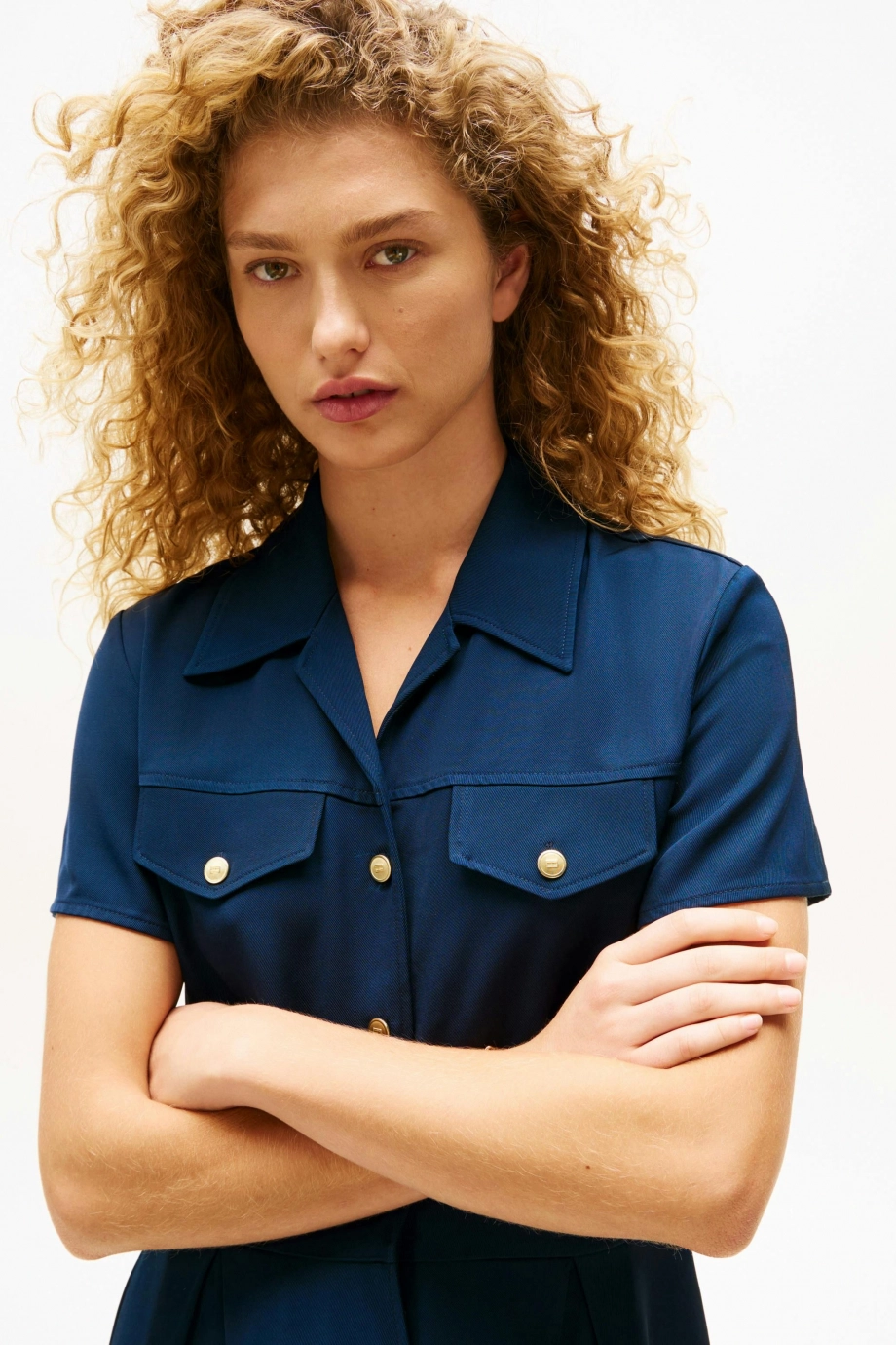 Tommy Hilfiger Kadın Viskon Twill Kısa Kollu Kloş Mini Mavi Elbise WW0WW45819C1G