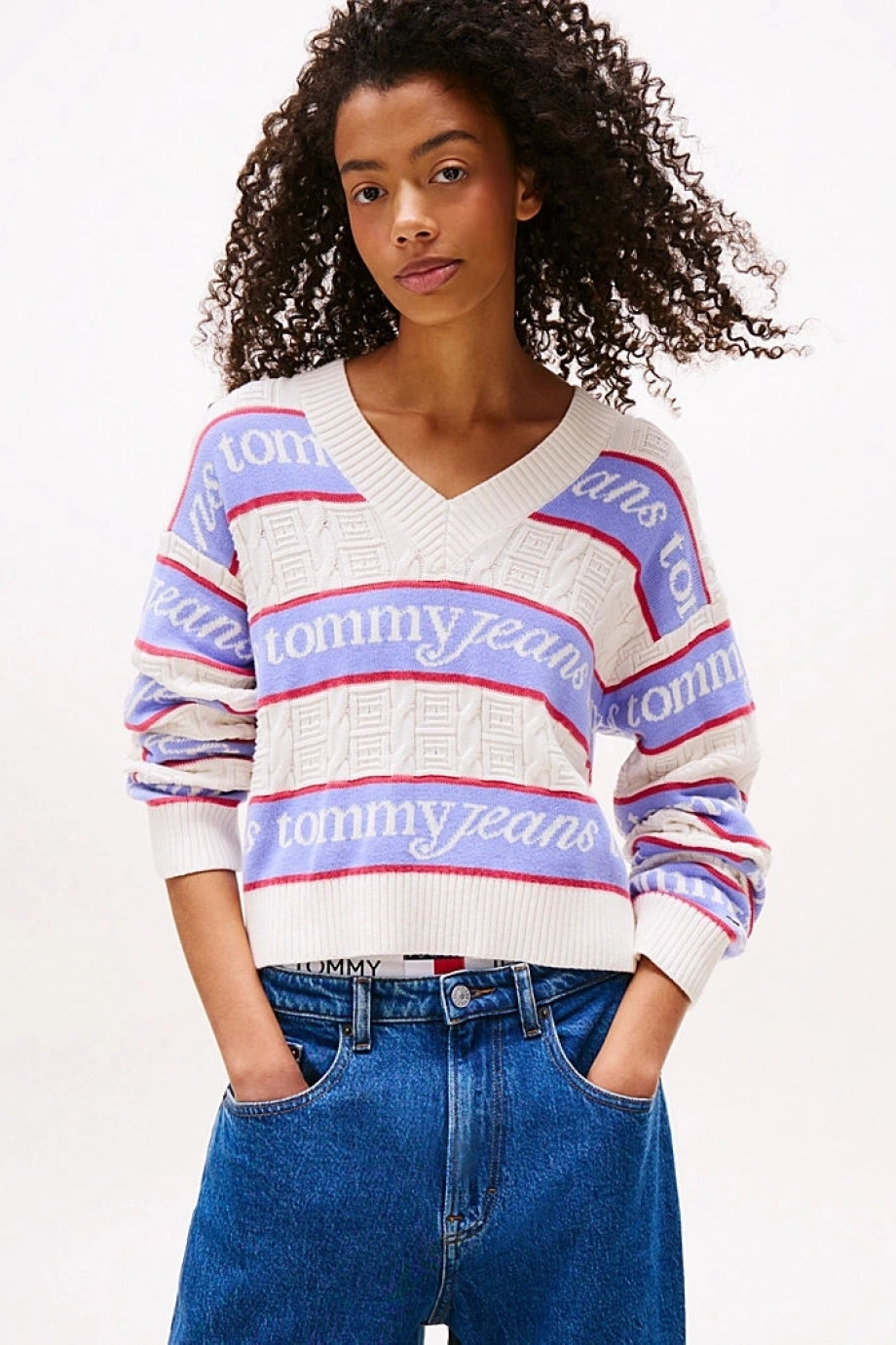 Tommy Hilfiger TJW Çizgili Logolu Kadın Beyaz Kazak DW0DW21682YBH