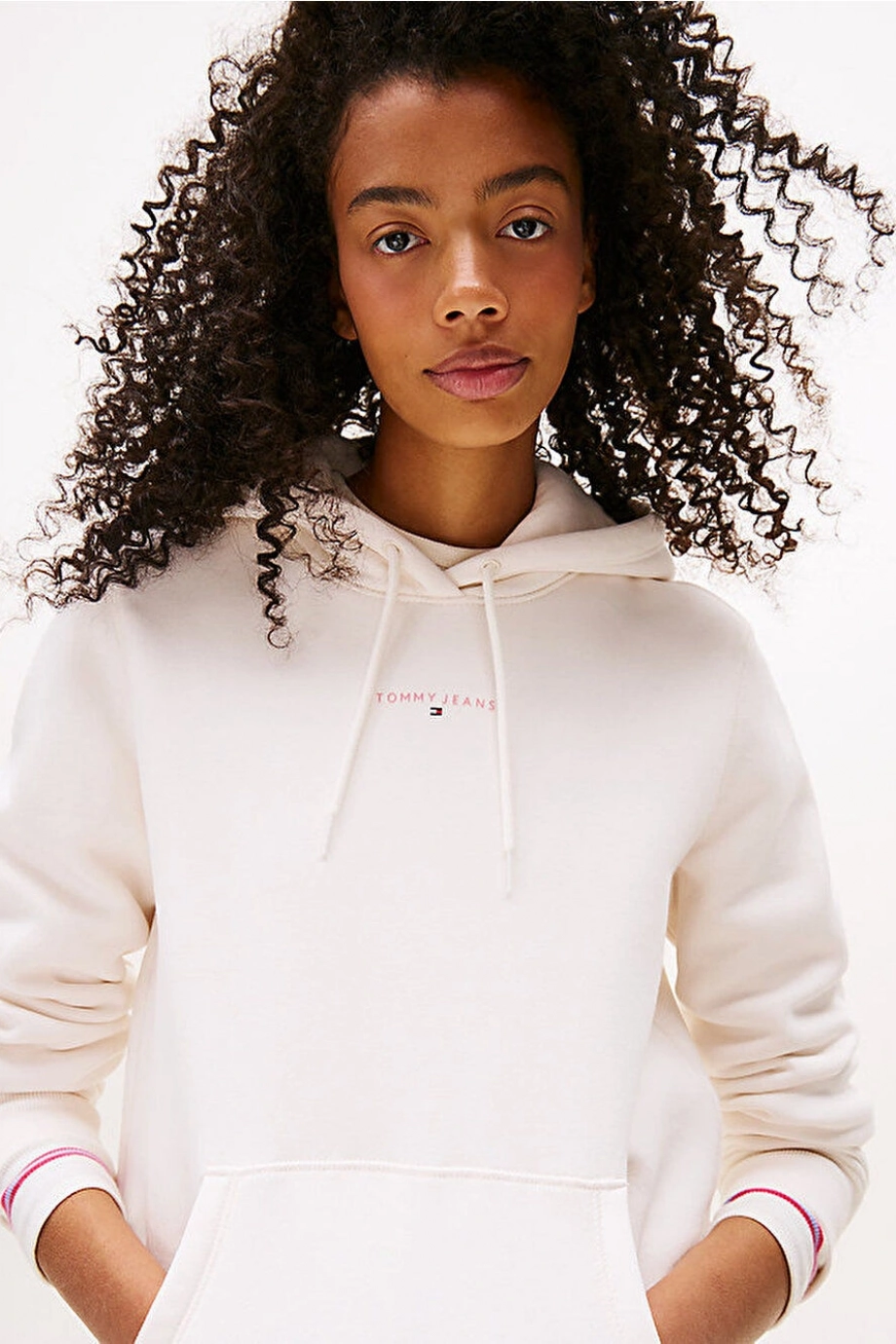 Tommy Hilfiger TJW Normal Kesim Linear Kapüşonlu Kadın Beyaz  Sweatshirt  DW0DW21963YBH