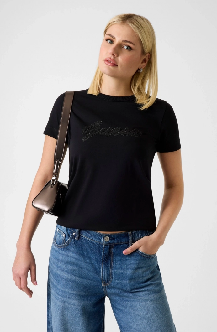 Guess Kısa Kollu Bisiklet Yaka 3D Yazılı Kadın Siyah T-shirt W6GI08K3023-JBLK