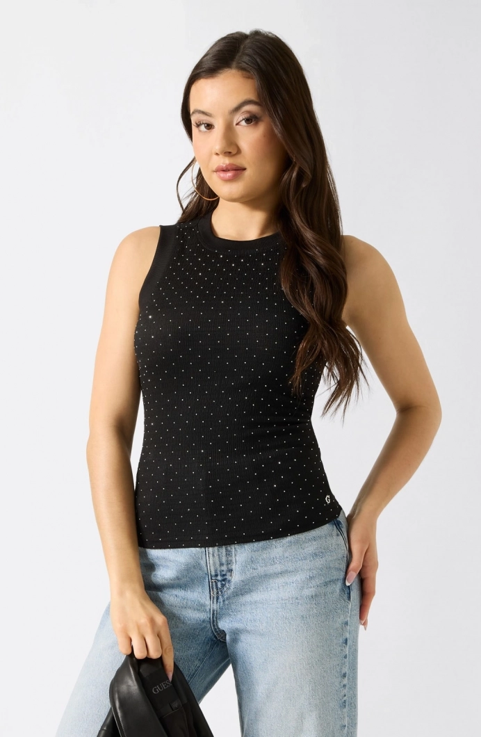 Guess Kolsuz Francine Büzgülü Taş İşlemeli Kadın Siyah  Bluz W6GP14K2940-JBLK