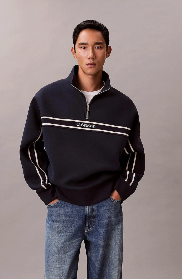 Calvin Klein Uzun Kollu Pamuklu Spacer Çizgili Fitilli Yarım Fermuarlı Erkek Lacivert Sweatshirt LV04RE221G-CEF