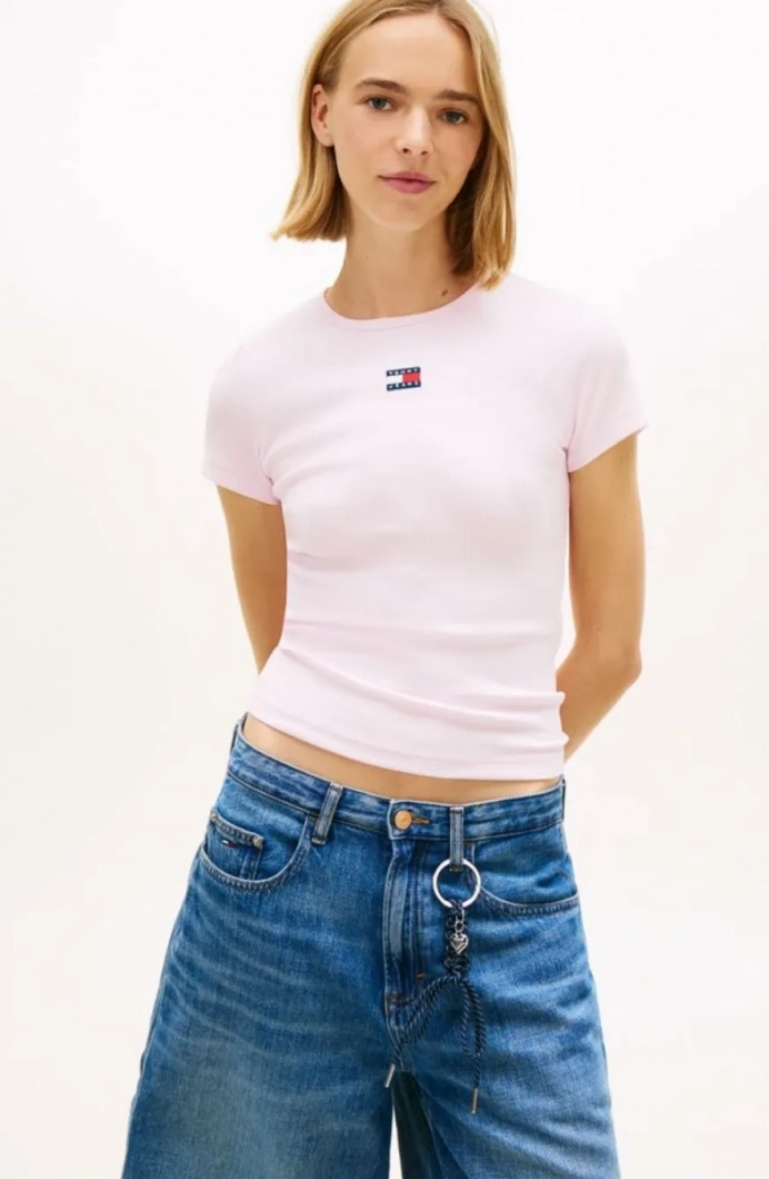 Tommy Hilfiger TJW Dar Kesim Amblemli Fitilli Kadın Pembe T-shirt DW0DW17881TN9