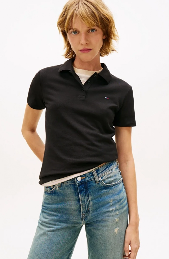 Tommy Hilfiger TJW Dar Kesim Essential Polo Yakalı Kısa Kollu Kadın Siyah Polo T-shirt DW0DW20160BDS