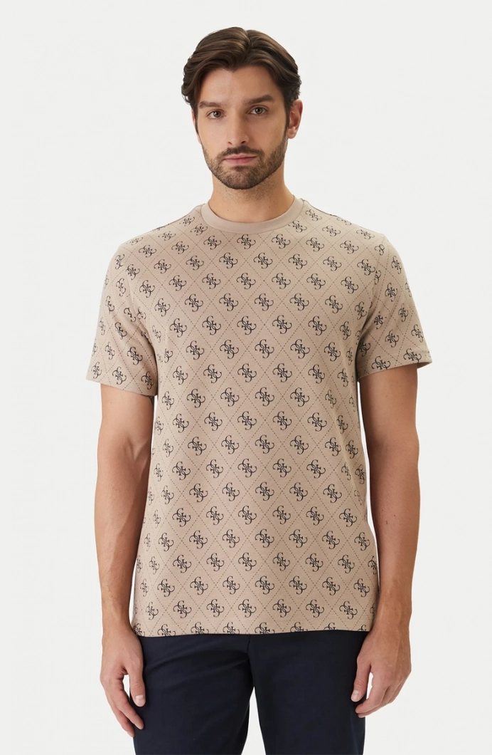 Guess Bisiklet Yaka Kısa Kollu Jakarlı 4G Örme Erkek Bej T-shirt  M6GP34K3200-FMAZ