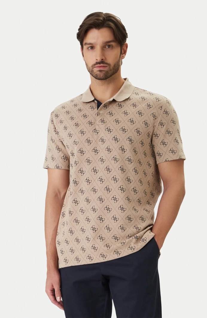 Guess Kısa Kollu Tamamı 4G Jakarlı Polo Yakalı Erkek Bej Polo T-shirt M6GP04K3073-FMAZ