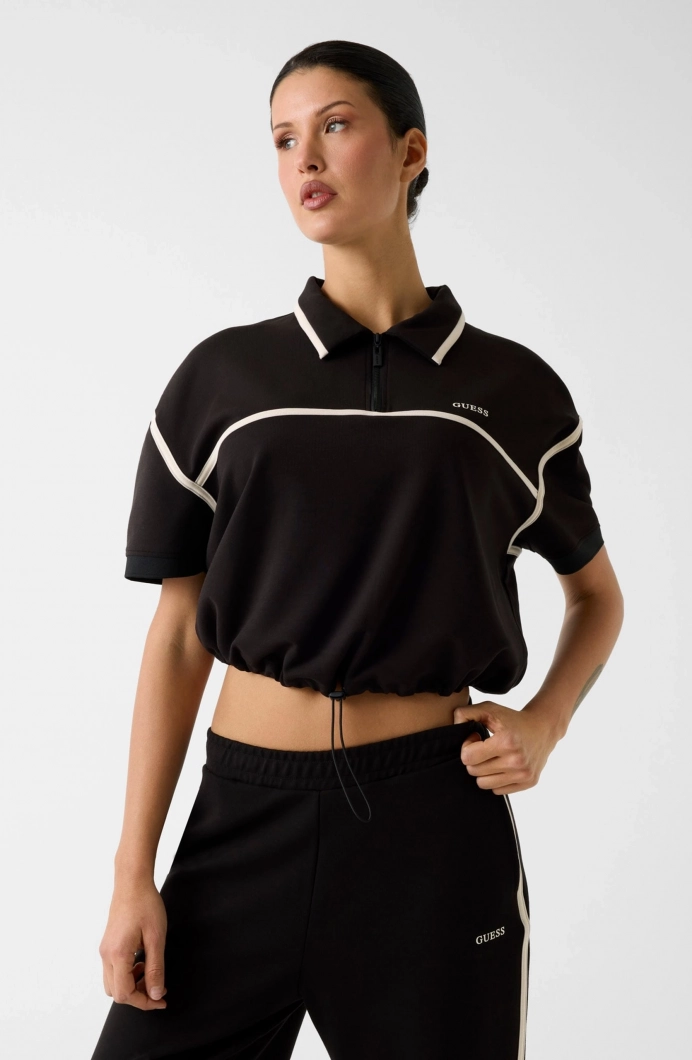 Guess Jasmine Kısa Polo Yakalı Yarım Fermuarlı Kadın Siyah Polo T-shirt  V6GP01K2945-JBLK