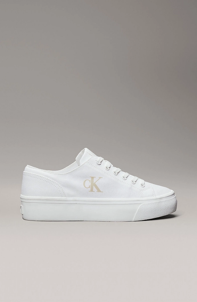 Calvin Klein Vulkanize Flatform Düşük Bilekli Kanvas Monogram Kadın Beyaz Sneaker YW0YW01763-01W