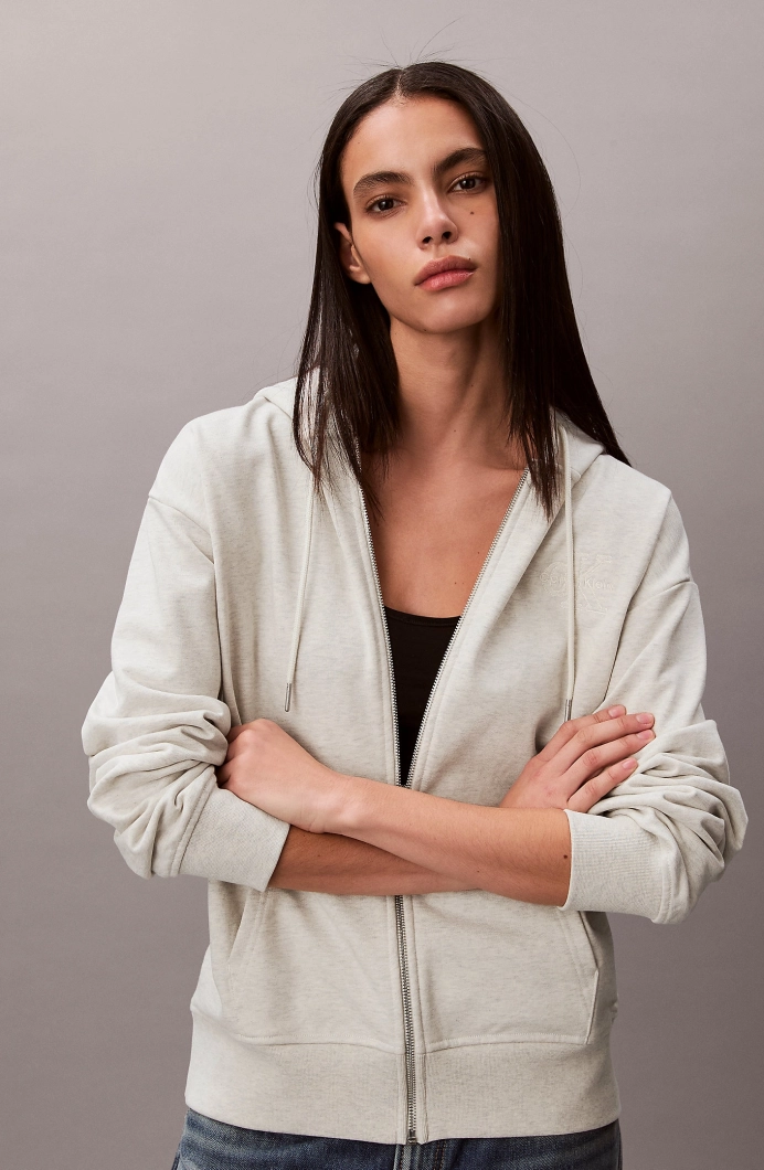 Calvin Klein Uzun Kollu Kabartma Monologo Havlu Kumaş Tam Fermuarlı Kapüşonlu Kadın Gri Sweatshirt LV047F205G-P4P