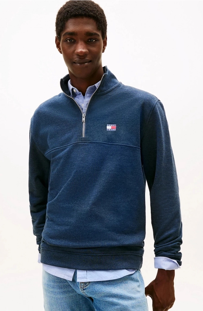 Tommy Hilfiger TJM Normal Kesim Amblemli Yarım Fermuarlı Erkek Mavi Sweatshirt DM0DM22344C1G