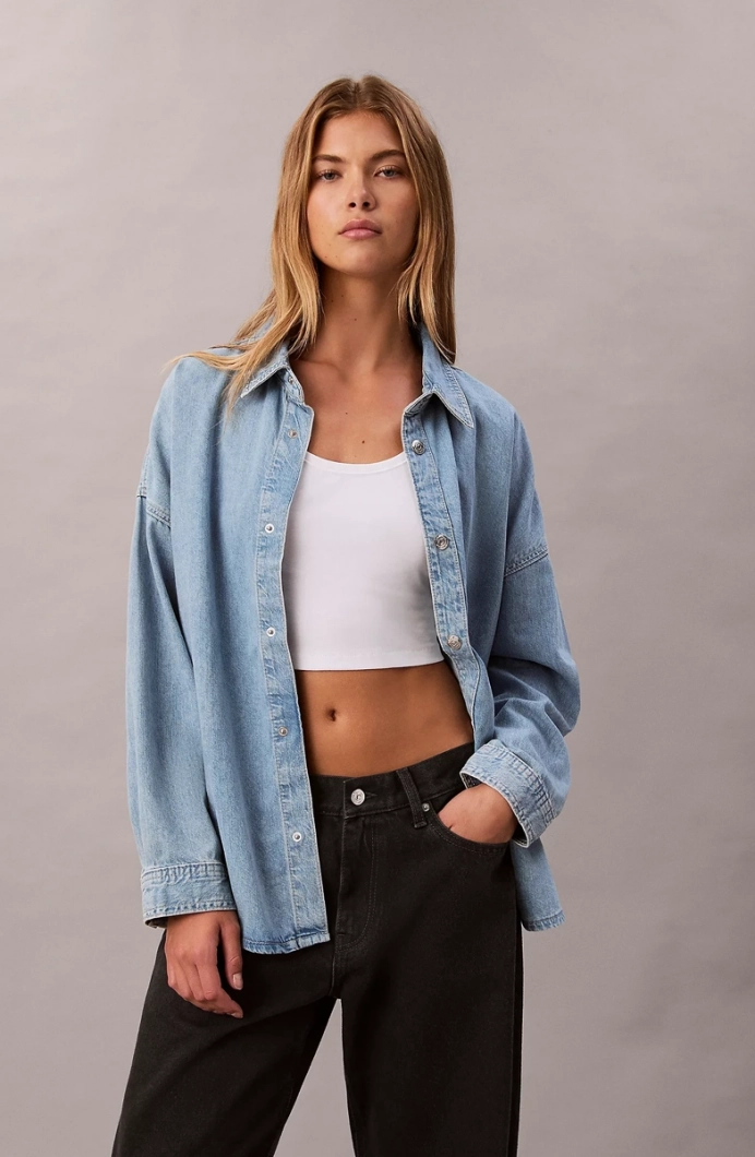 Calvin Klein Rahat Kesim Keten Denim Kadın  Mavi Gömlek LV047C709G-X1O