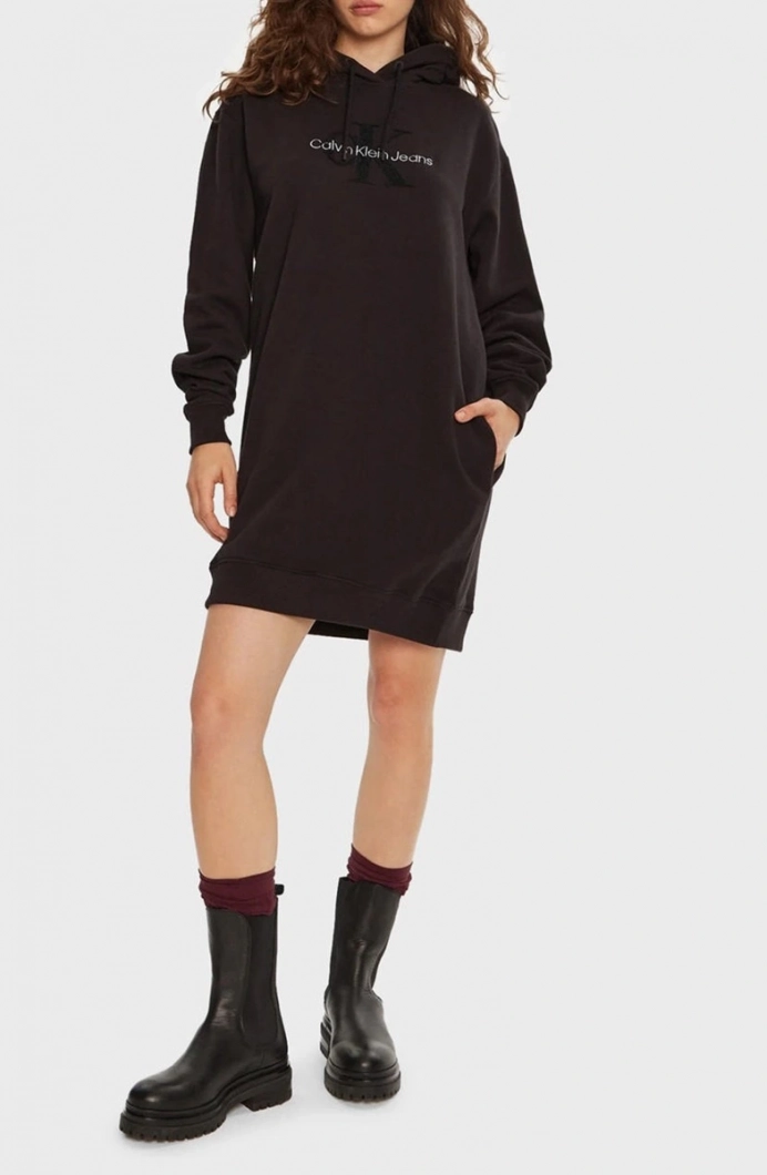 Calvin Klein CHENILLE MONOLOGO HOODIE DRESS Kadın Siyah Elbise J20J224685-BEH