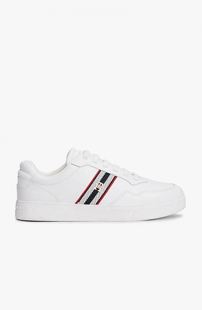 Tommy Hilfiger TH Dokuma Şeritli Düz Taban Kadın Beyaz Sneaker FW0FW09001YBS