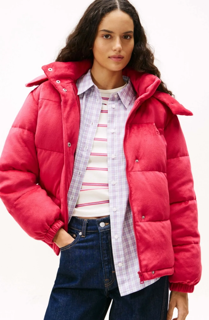 Tommy Hilfiger TJW Kapitone Kadife Şişme Kadın Kırmızı  Mont  DW0DW21668XJP