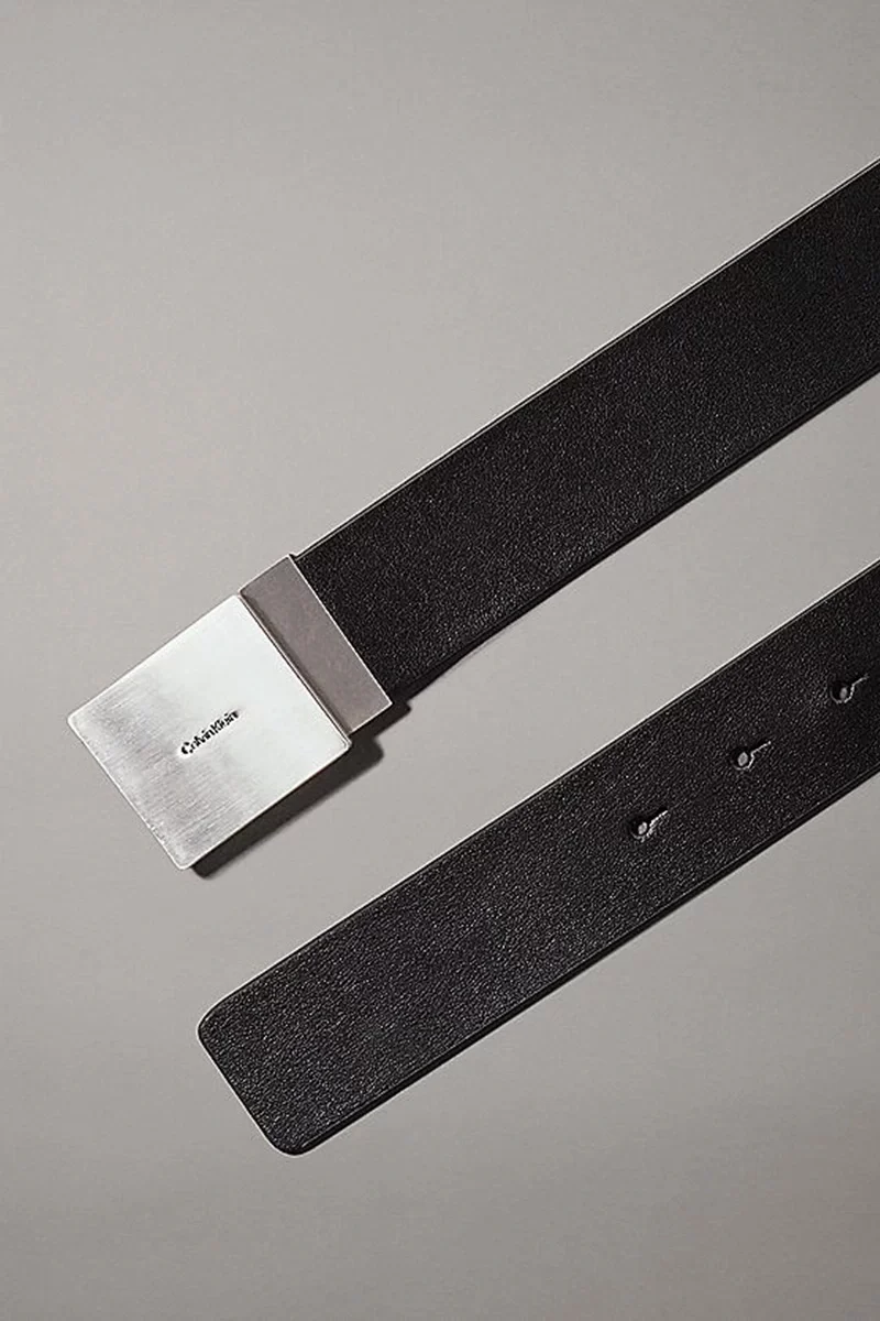 Calvin Klein Erkek Metal Plaka Siyah Deri Kemer