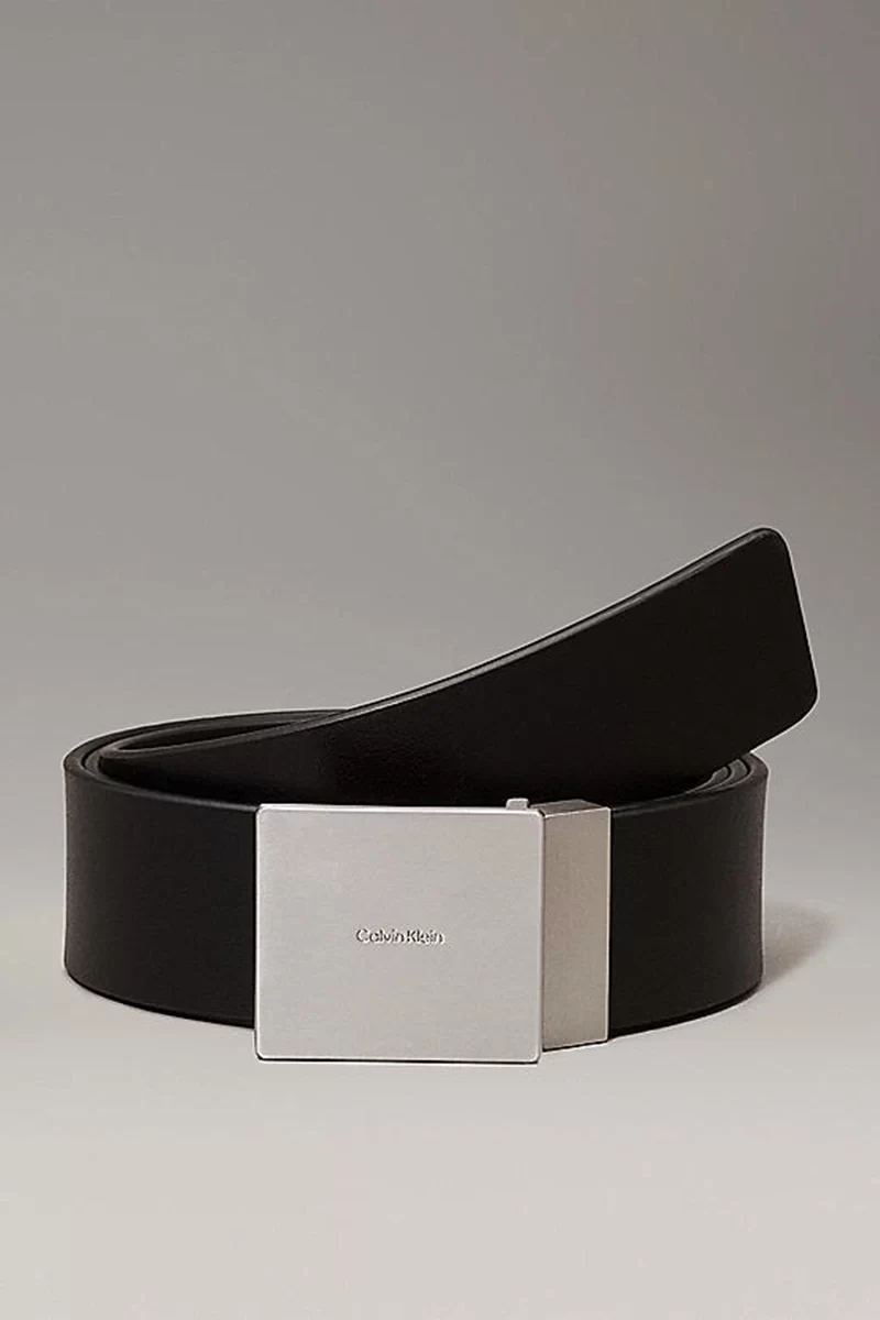 Calvin Klein Erkek Metal Plaka Siyah Deri Kemer