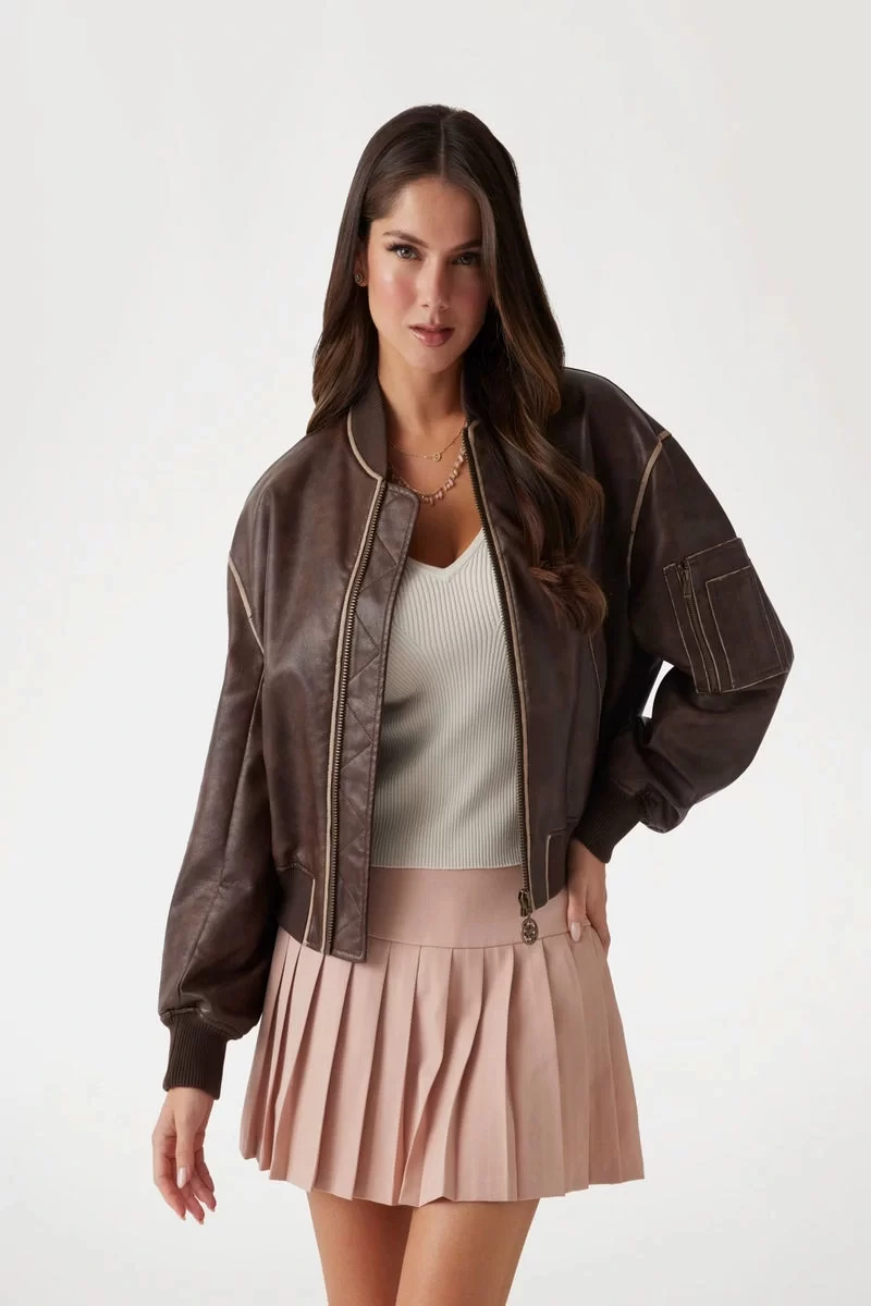 Guess Angelıque Vıntage Pu Bomber Kadın Kahverengi Ceket W5RL21WGW40-G1EB