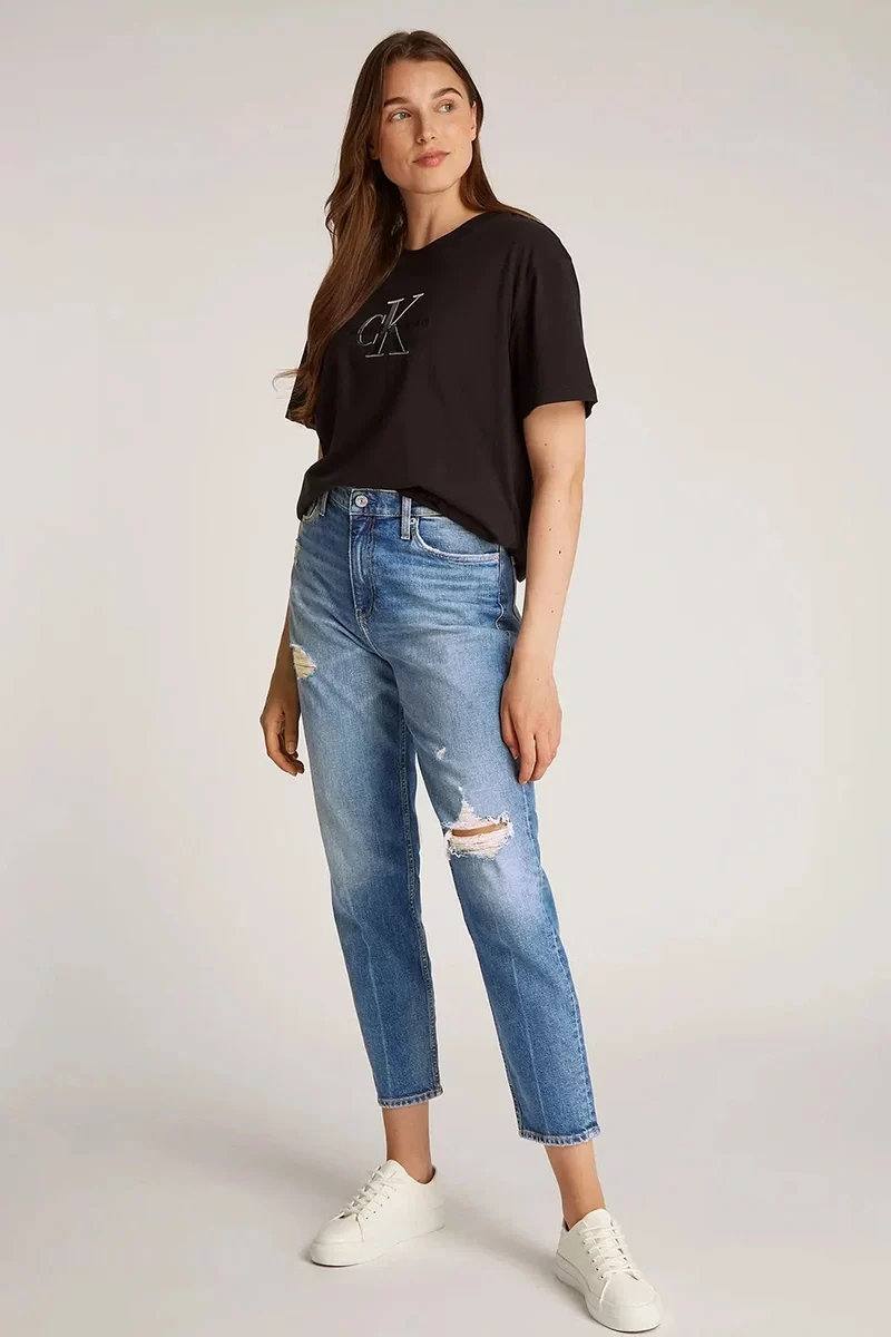 Calvin Klein Kadın Eskitilmiş Regular Fit Mavi Kot Pantolon