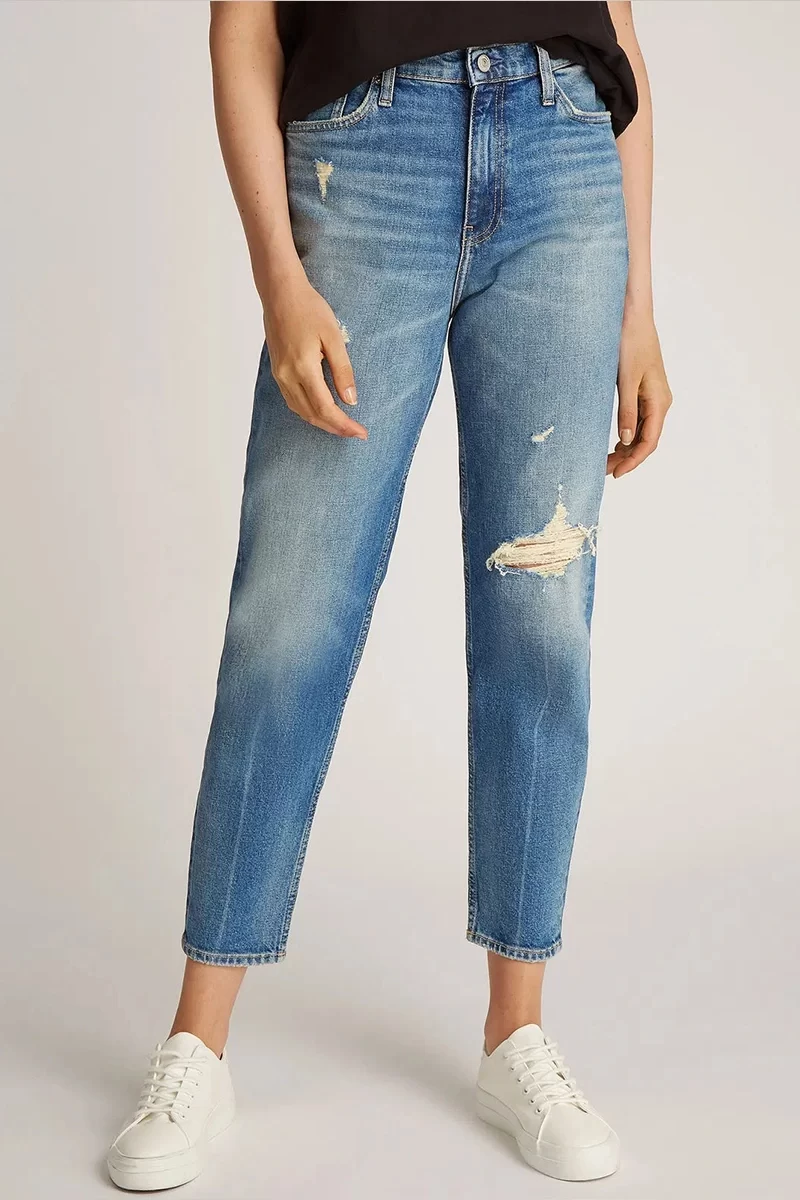 Calvin Klein Kadın Eskitilmiş Regular Fit Mavi Kot Pantolon