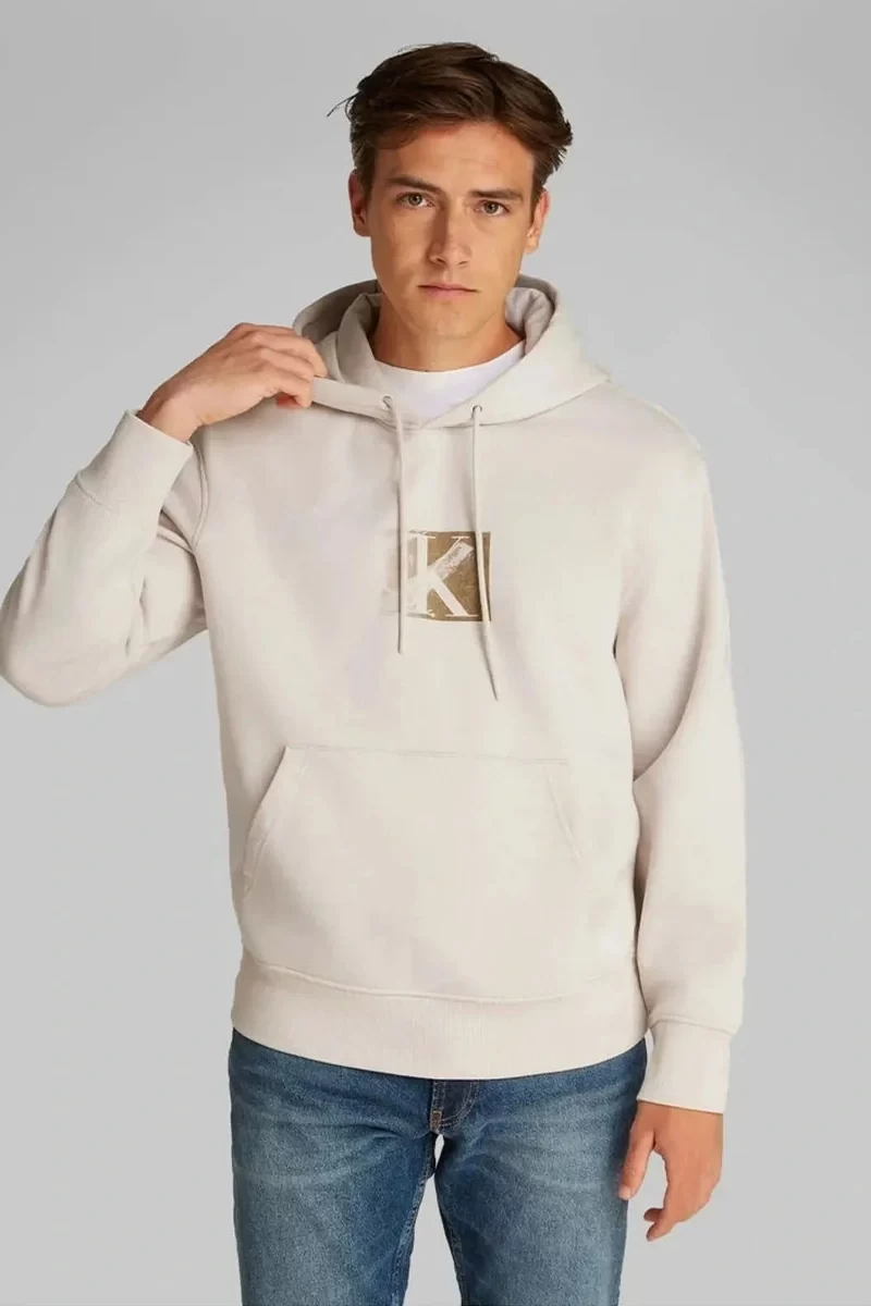 Calvin Klein Erkek Gri Küçük Logolu Kapüşonlu Sweatshirt