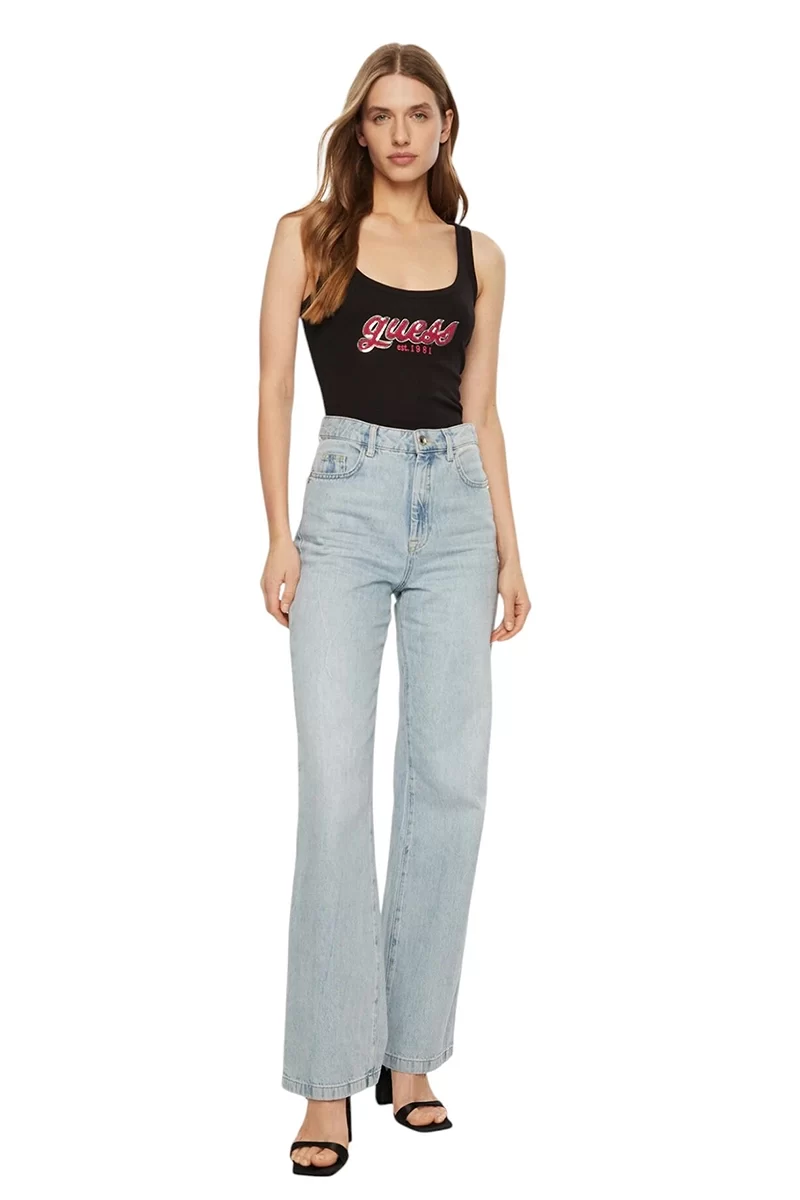 Guess Chenılle Logo Tank Top Rıb Kadın Siyah Atlet W5RP03KA0H1-JBLK