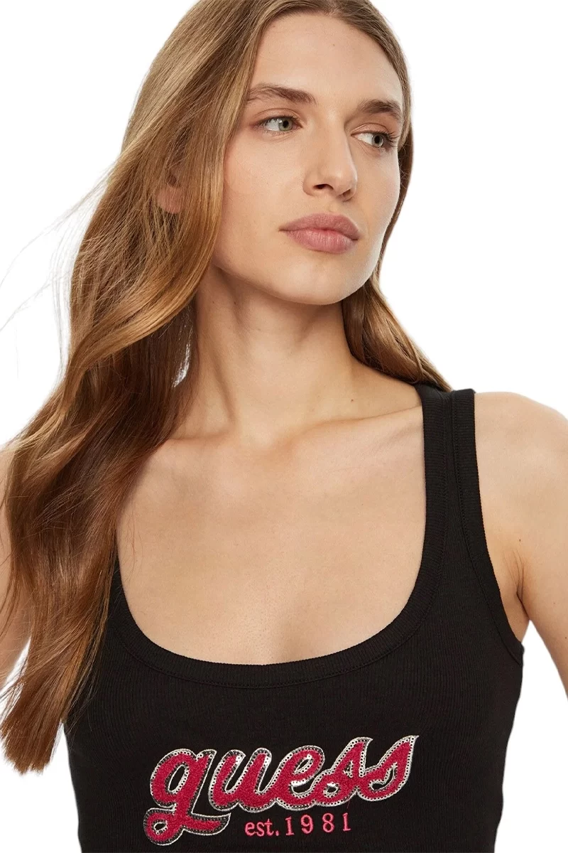 Guess Chenılle Logo Tank Top Rıb Kadın Siyah Atlet W5RP03KA0H1-JBLK