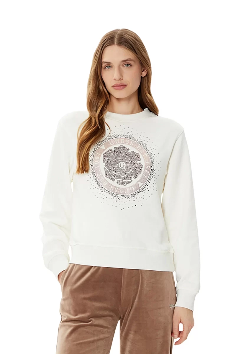 Guess Cn Peony Logo Fleece Kadın Beyaz Sweatshirt W5RQ05K7EX1-G012