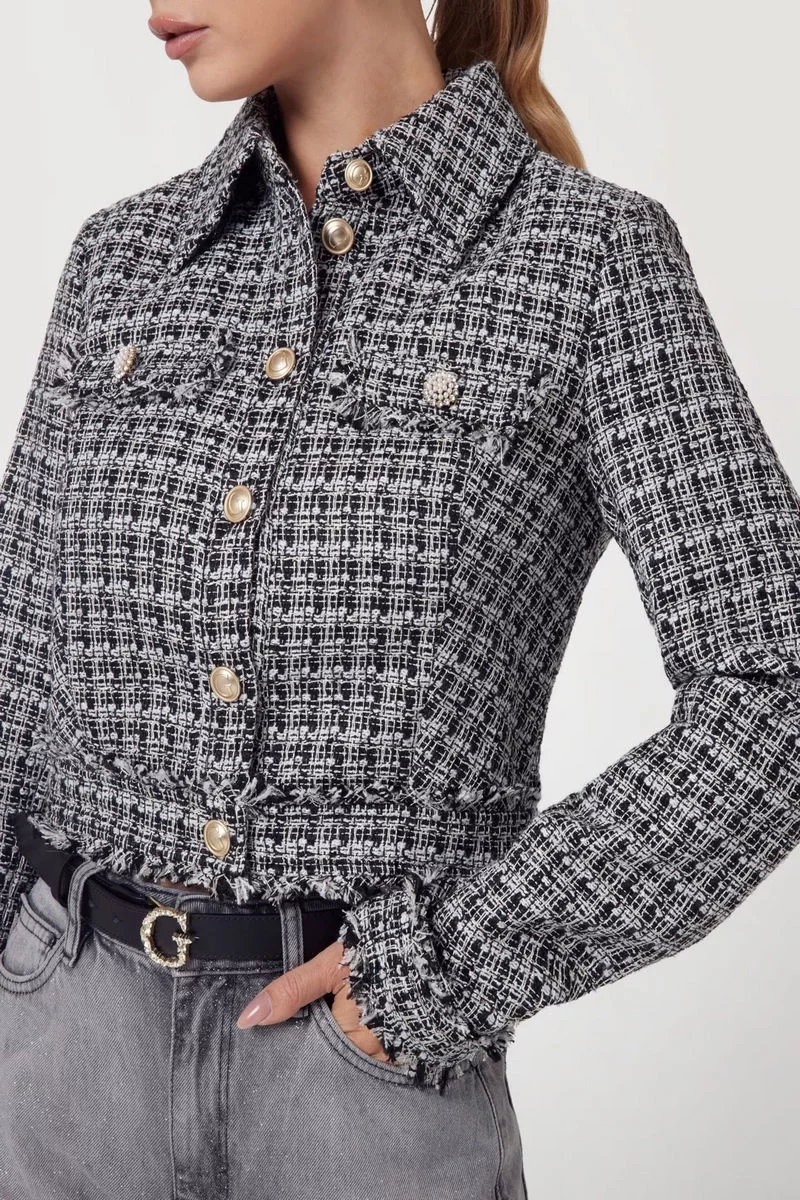 Guess Daphnee Cropped Jacket Kadın Siyah/Beyaz Ceket W5RN47WGW82-F9RS
