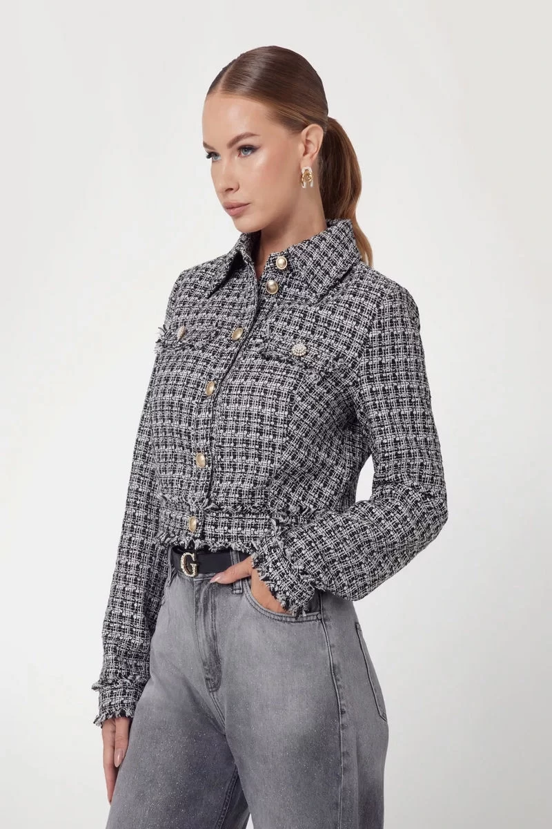 Guess Daphnee Cropped Jacket Kadın Siyah/Beyaz Ceket W5RN47WGW82-F9RS