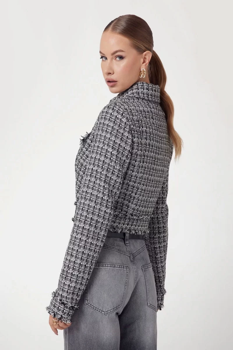 Guess Daphnee Cropped Jacket Kadın Siyah/Beyaz Ceket W5RN47WGW82-F9RS