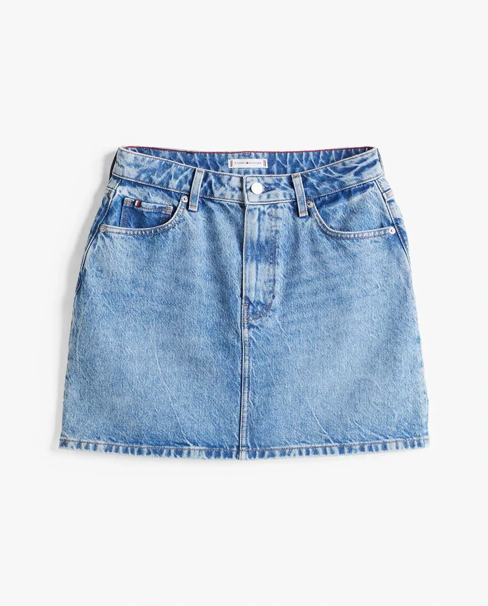 Tommy Hilfiger Kadın Açık Mavi Yüksek Bel Denim Mini Etek