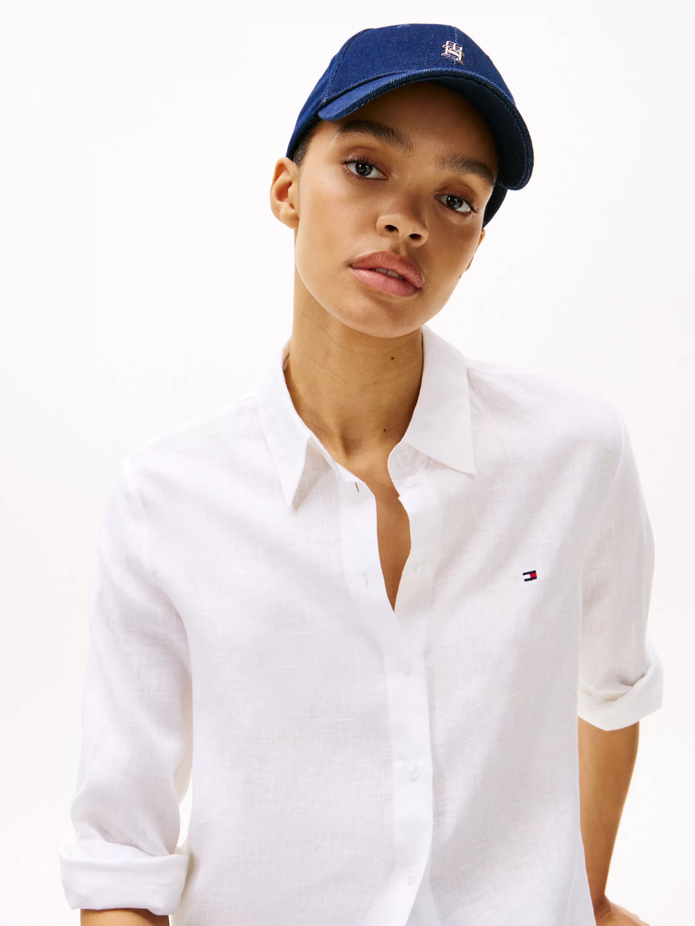 Tommy Hilfiger Kadın Beyaz Keten Rahat Kesim Gömlek